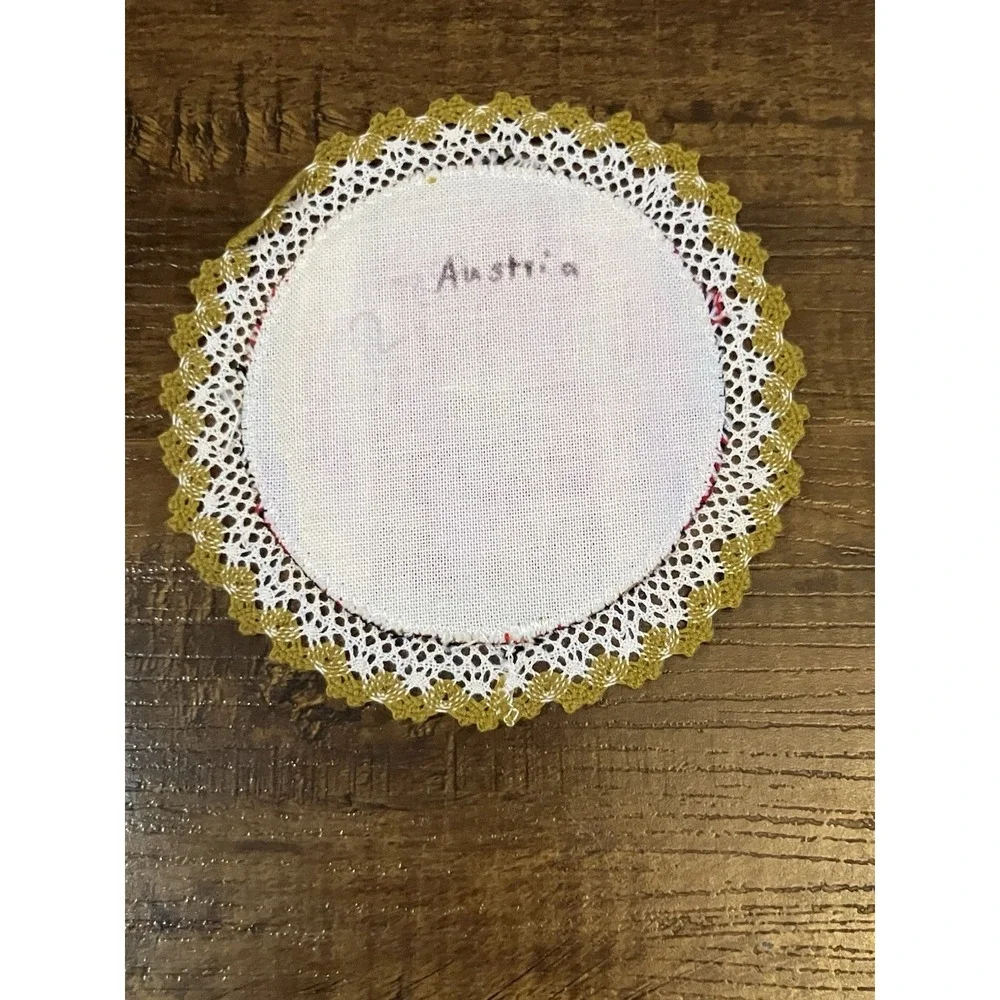 Vintage Austrian Needlepoint Doily Girl Folk Art Lace Edge Hand Embroidered 5